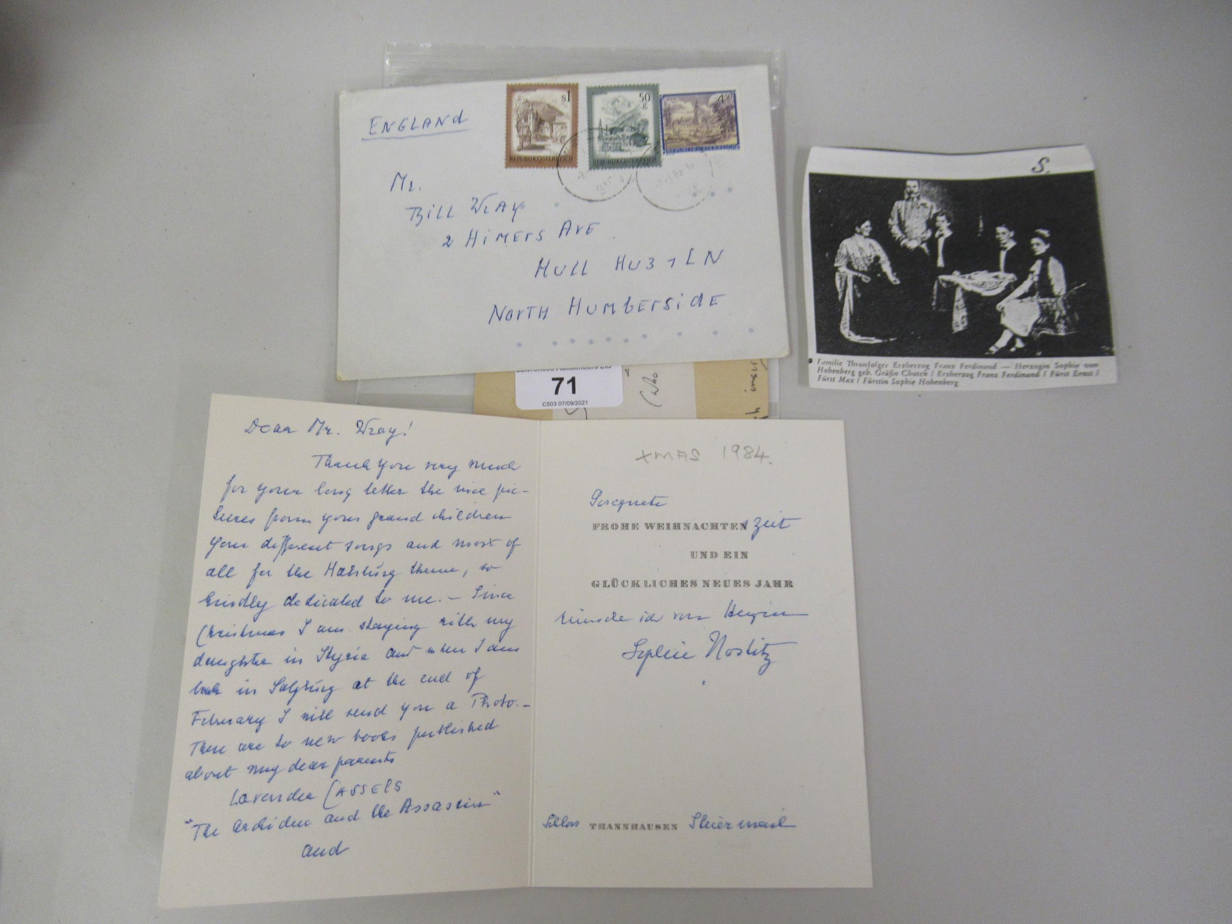 Three page autograph letter / Christmas card message to a Mr Wray from Countess Sophie Hostitz of