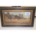 Two pairs of miniature Italian oil paintings in gilded frames, landscapes and soldiers in street