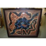 Aboriginal painting on linen, 22ins x 26ins, framed This is an original painting. Medium looks to be