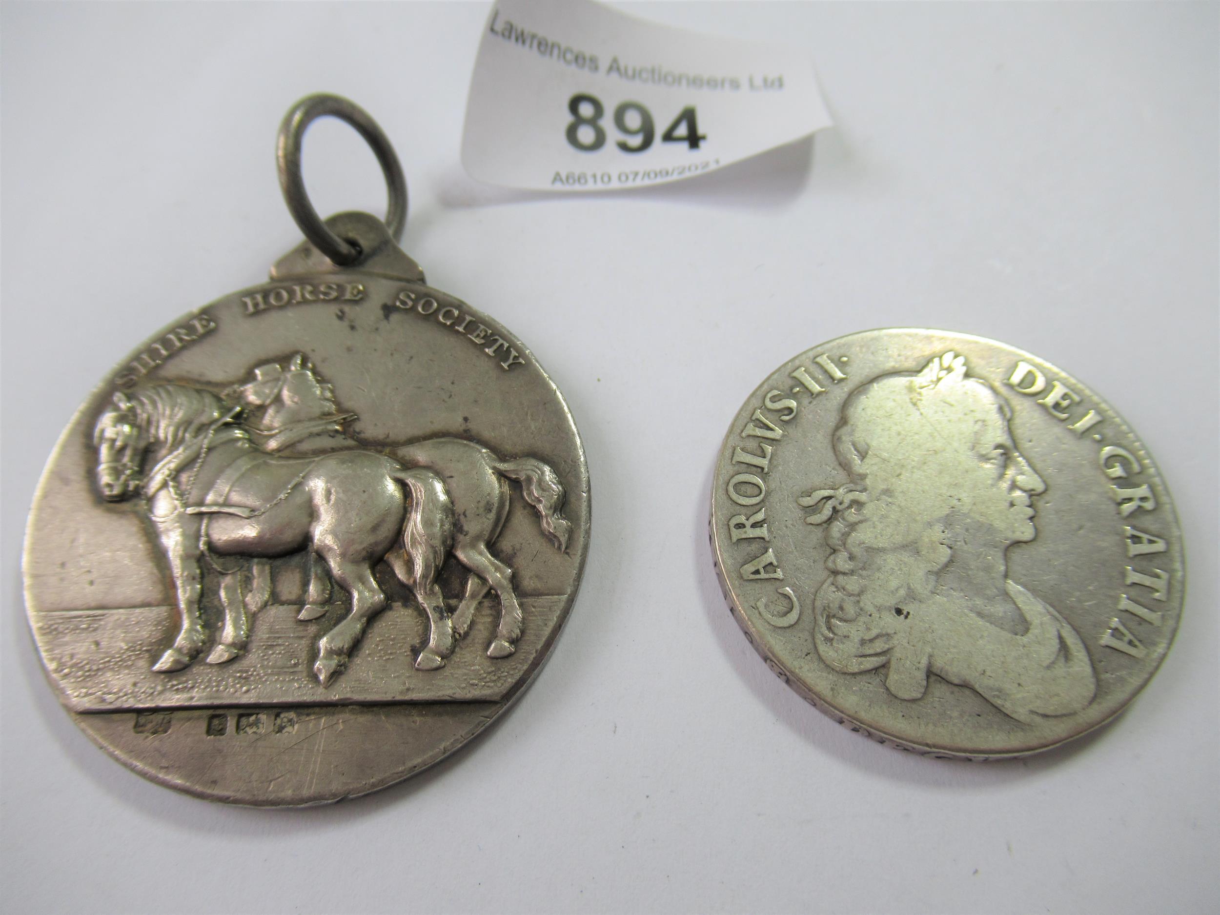 Charles II silver crown, 1664 together with a silver Shire Horse Society medallion