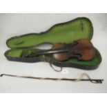 19th Century 14in violin with single piece back, the scroll carved with a lion's head, with bow