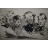 Monochrome watercolour sketch of a group of figures, together with an ink and pencil sketch of