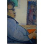 Mid 20th Century oil on board, seated figure, signed indistinctly, 9.5ins x 7ins, housed in a