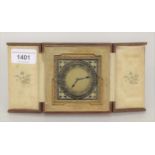 Good quality Art Deco gilt brass travel clock with Champleve enamel decoration, in original