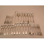 Mixed part canteen of Victorian silver Fiddle pattern cutlery comprising: five dinner forks, seven