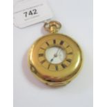 Continental 18ct gold cased half hunter pocket watch, the enamel dial with Roman numerals,