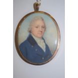 Charles Hayter 1761-1835, watercolour portrait miniature of a gentleman wearing a blue coat with