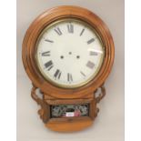 American circular drop dial wall clock having painted dial with Roman numerals and two train