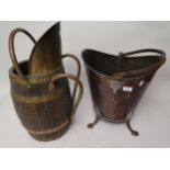 Arts and Crafts copper and polished steel coal scuttle with swing handle and an oak brass mounted