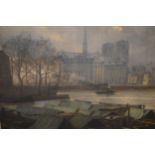 Large framed coloured etching, view of Notre Dame from the Seine, signed Fountaine, 19ins x 25ins