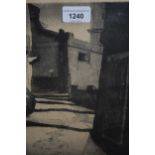 Jack Smith? signed etching, street scene with shadows, 11ins x 7.5ins