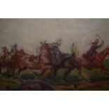 Unframed oil on canvas, a cavalry charge, monogrammed, 14ins x 18ins