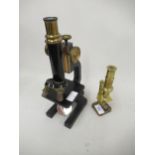 Small brass student microscope together with a German R. Winkel brass and black anodised monocular