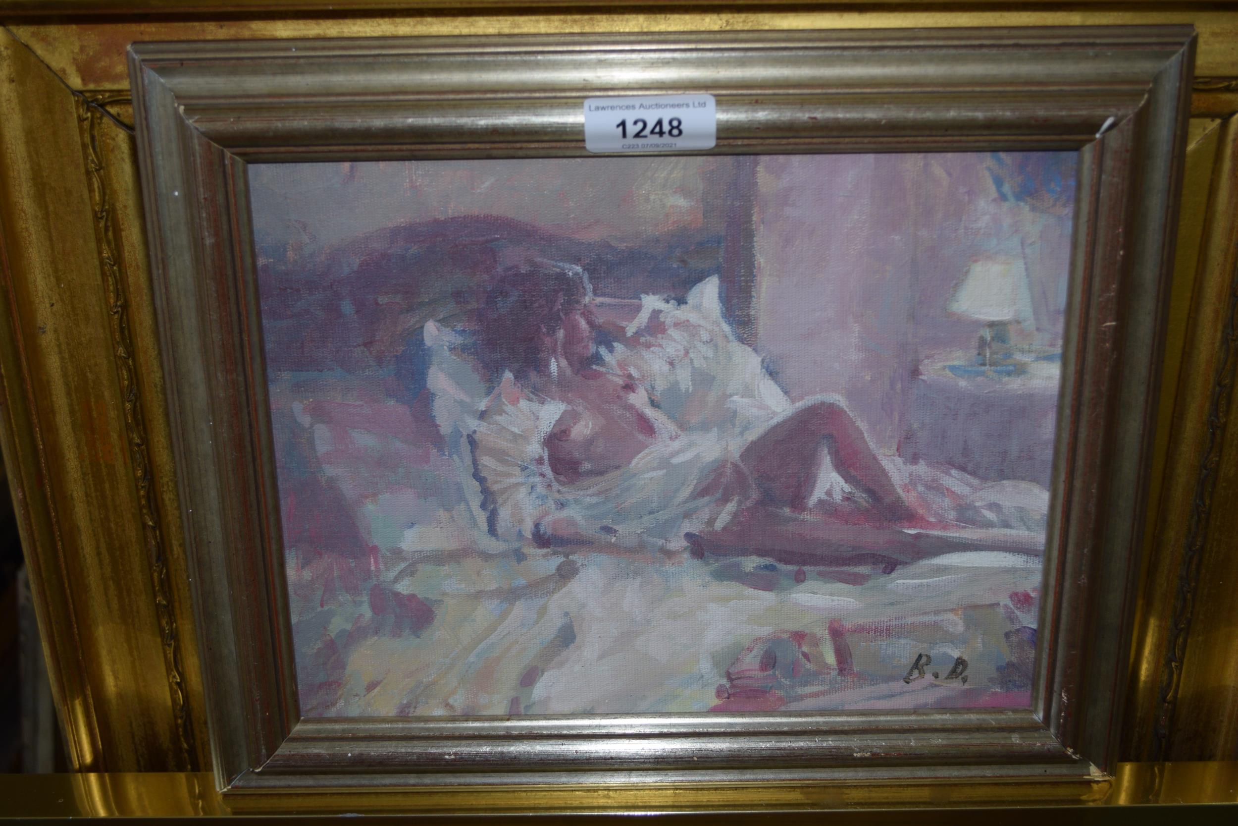 Oil on board, bedroom interior with reclining female figure, bearing monogram B. D., 7.5ins x 10ins - Image 2 of 2