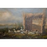 H. Dauphin, oil on panel, study of ducks at a riverside beneath a shelter, signed, 5.5ins x 9.25ins,
