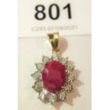 9ct Yellow gold oval ruby and diamond cluster pendant