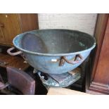 Large copper crab cooking vat having four iron loop handles, 36.5ins diameter There are some dents