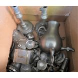 Continental pewter spirit kettle, pair of pewter candlesticks and other miscellaneous small items of