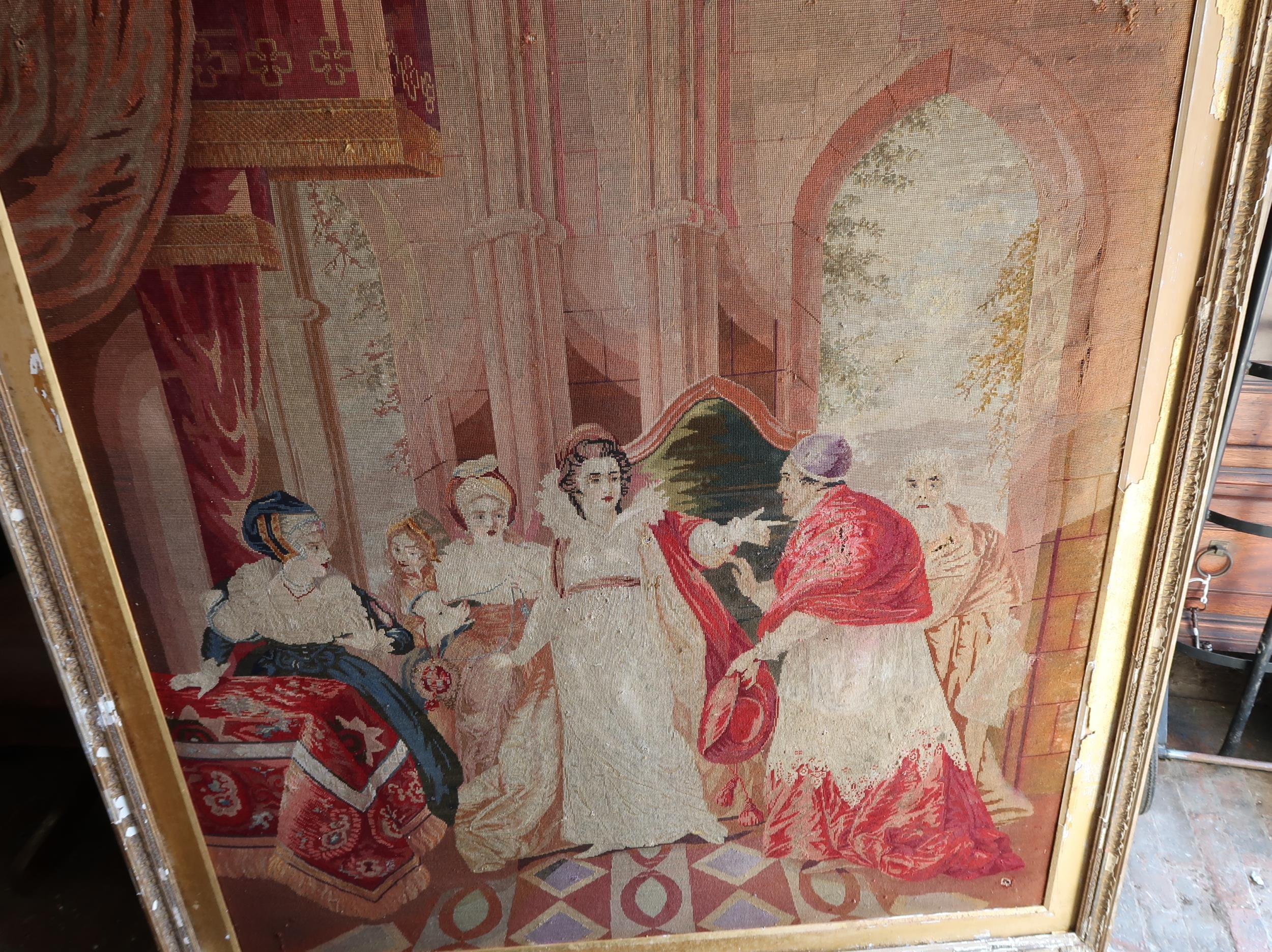 Large 19th Century needlepoint picture, classical figures in an interior, gilt framed with plaque