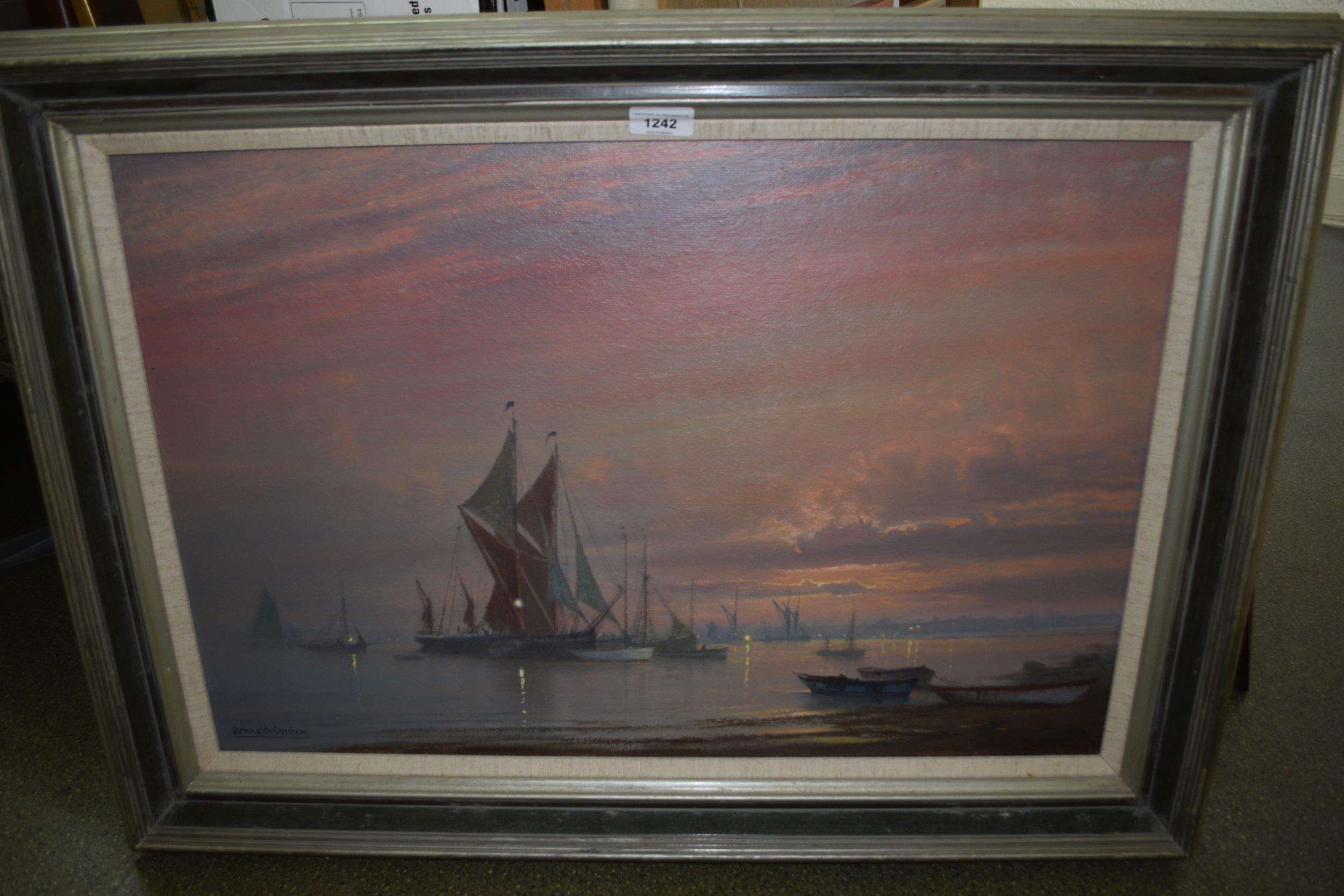 Kenneth Denton signed oil, maritime scene, inscribed verso ' Sunrise, Day of the Barge Match ', - Image 2 of 2