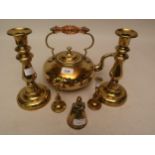 19th Century brass kettle with amber glass handle, pair of antique brass baluster stem candlesticks,