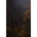 19th Centur6y Barbizon school, oil on canvas, figure on a sunlit woodland path, 18ins x 14ins