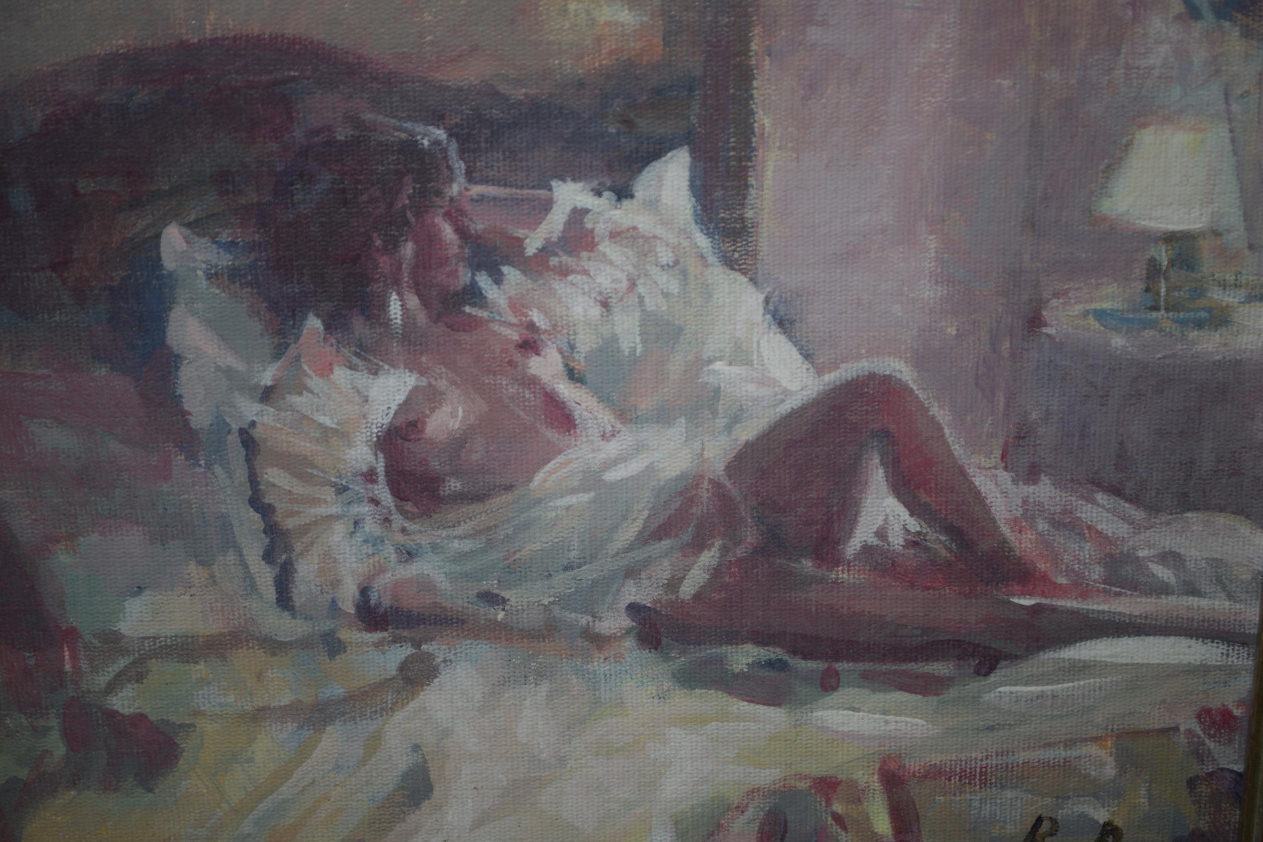 Oil on board, bedroom interior with reclining female figure, bearing monogram B. D., 7.5ins x 10ins