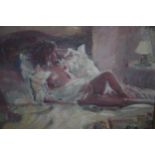 Oil on board, bedroom interior with reclining female figure, bearing monogram B. D., 7.5ins x 10ins