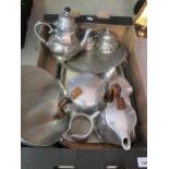 Piquot Ware aluminium four piece tea service with matching tray, other various items of pewter and