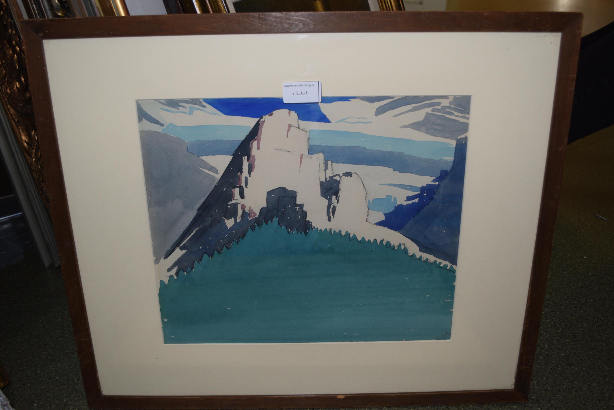 Pair of watercolours, abstract mountain landscapes, monogrammed E. U. L.?, 11ins x 13ins - Image 3 of 3