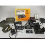Quantity of 20th Century cameras including Olympus, a boxed Binatone model 01/4974 TV game and