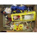 Box containing various wooden dolls, Pelham puppet of Rupert the Bear in original box, another,