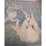 Arts and Crafts style silk needlework panel on coloured linen of a seated lady holding a mandolin