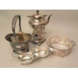 Silver plated spirit kettle on stand with burner, Continental plated basket, a circular stand and