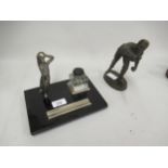 Mid 20th Century inkstand mounted with a spelter figure of a footballer, together with another brown