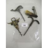 Group of three various corkscrews, a horn covered folding fleam and a folding blood letting knife