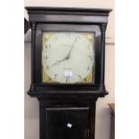 George III stained pine longcase clock, the square hood with turned pilasters above a rectangular