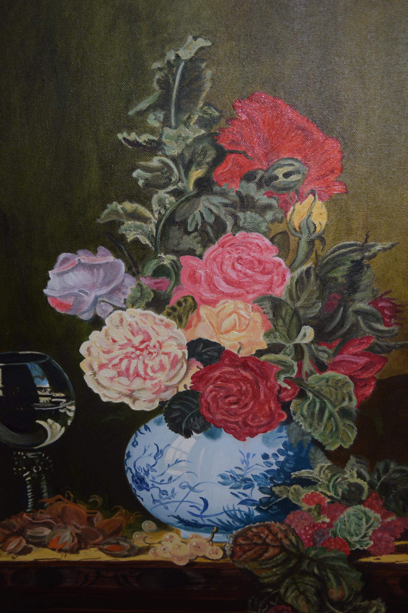 20th Century oil on canvas, still life, vase of flowers with goblet, unsigned, gilt framed, 21ins