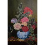 20th Century oil on canvas, still life, vase of flowers with goblet, unsigned, gilt framed, 21ins