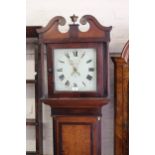 Early 19th Century oak and mahogany crossbanded longcase clock, the square hood with swan neck