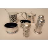 London silver drum form mustard of pierced design with glass liner and spoon, together with an