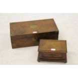 19th Century figured walnut rectangular fold-over writing box together with a small oak box with