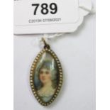 George III oval memorial pendant with seed pearl border inset with a portrait of a lady Size - 31