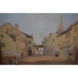 Early 20th Century oil on canvas, a Continental street scene, 18ins x 25.5ins, gilt framed