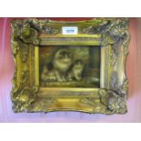Small modern oil on canvas, study of two cats, 4.5ins x 6.5ins, gilt framed