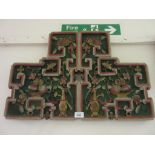 Modern Chinese carved wooden and painted panel decorated with vases and fruit etc., 17ins x 25ins