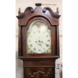 19th Century longcase clock, the arch top dial having painted decoration with Roman numerals and