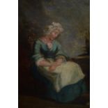 19th Century gilt framed oil, seated lady in an interior, 9.5ins x 7ins
