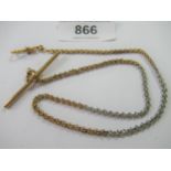 9ct Two colour gold Albert watch chain with bar and clip Loops are hallmarked, links are not
