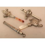 Babies Birmingham silver and mother of pearl rattle ' Boy Blue ', two other similar rattles and a